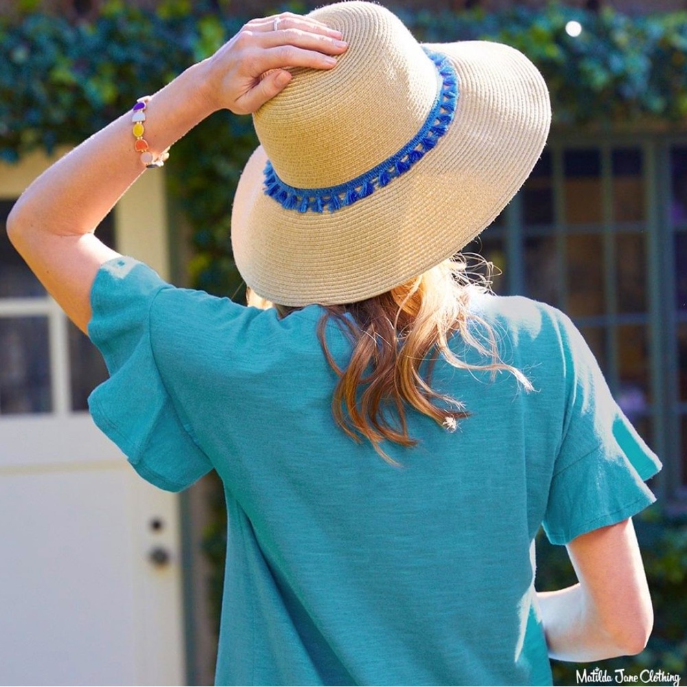 Matilda Jane ‘Some Shade’ Packable Straw Sun Hat with Blue Trim Brim